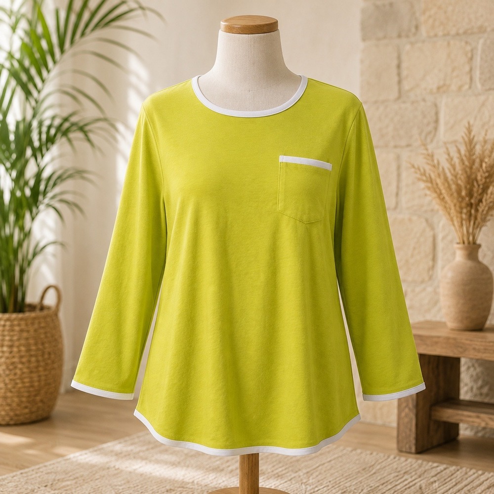 Sport Savvy Long Sleeve Top Womens L Lime Green White Trim Pocket French Terry